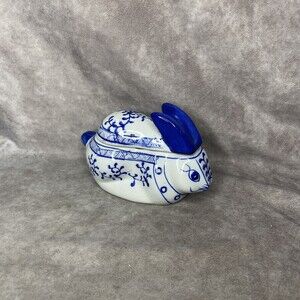 Vintage Delft Blue & White Bunny Trinket Candy Creamer Box Ceramic Easter Decor